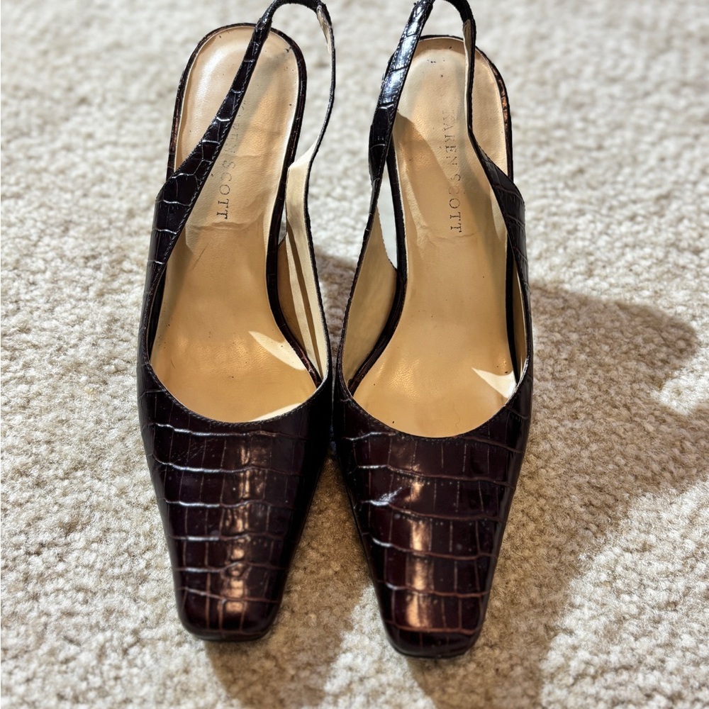 Karen Scott Croc Embossed Deep Brown Mule Heels | Vintage
